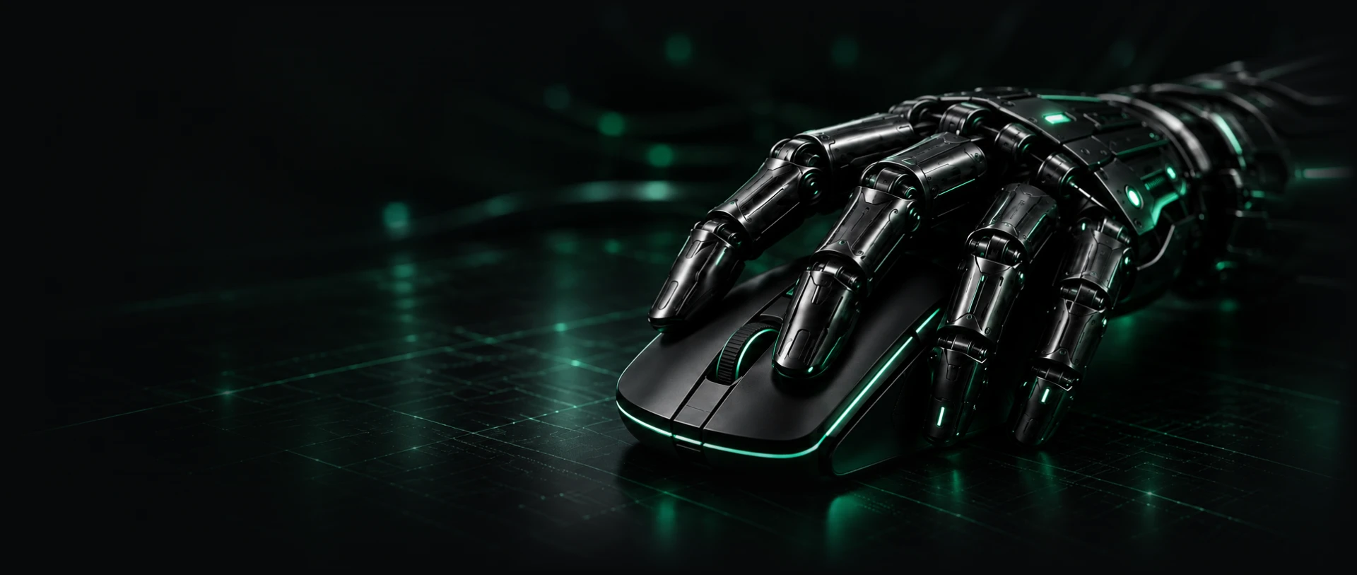 Mão mecânica preta com detalhes em verde apoiada sobre um mouse